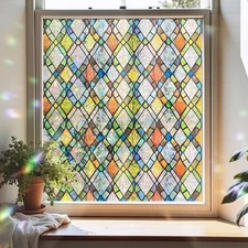 Window Privacy Film, Stained Glass Decorative Static Cling, Removable Laser S...