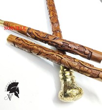 Vintage Fancy Hand Carved Walking Stick Wooden Cane Victorian Brass Handle