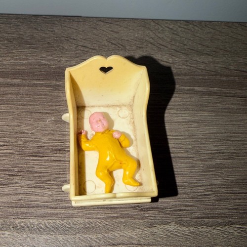 Vintage Fisher Price Little People Baby in Yellow Sleeper with Heart Cradle Toy