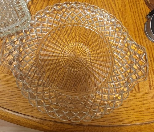 Anchor Hocking Clear Glass Waterford Waffle Large 14" Platter Cake Plate VTG