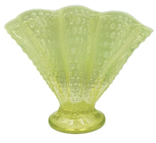 Vintage Fenton Topaz Vaseline Uranium Opalescent Hobnail Fan Vase