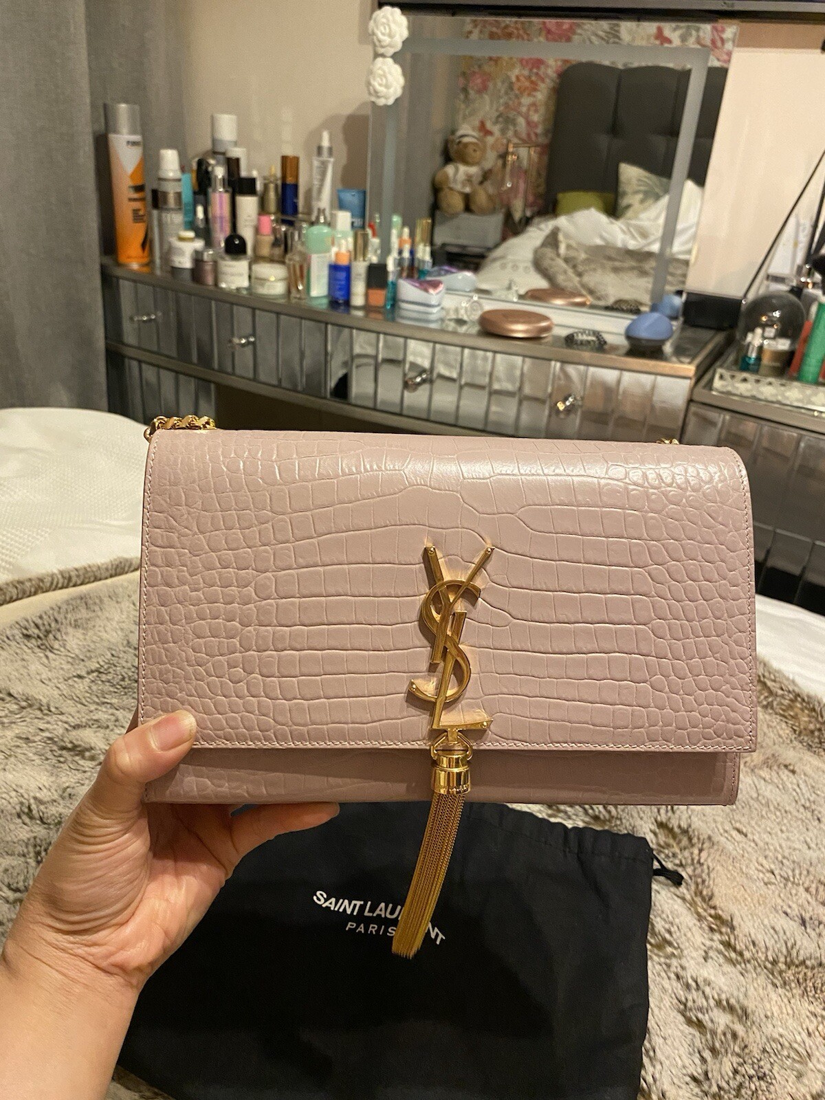 Saint Laurent YSL Kate Tassel Medium Croc-Embossed Shoulder Bag Nude Pink. 
