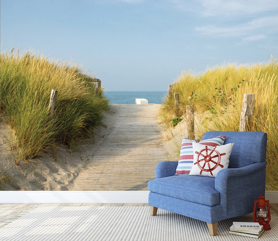 Papel pintado de playa para dormitorio mural de pared paisaje de vacaciones 368x254 cm azul mar Foto 2 de 4