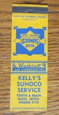 KELLY'S SUNOCO GAS STATION MATCHBOOK COVER: NILES, MICHIGAN 1940s MATCHCOVER B23