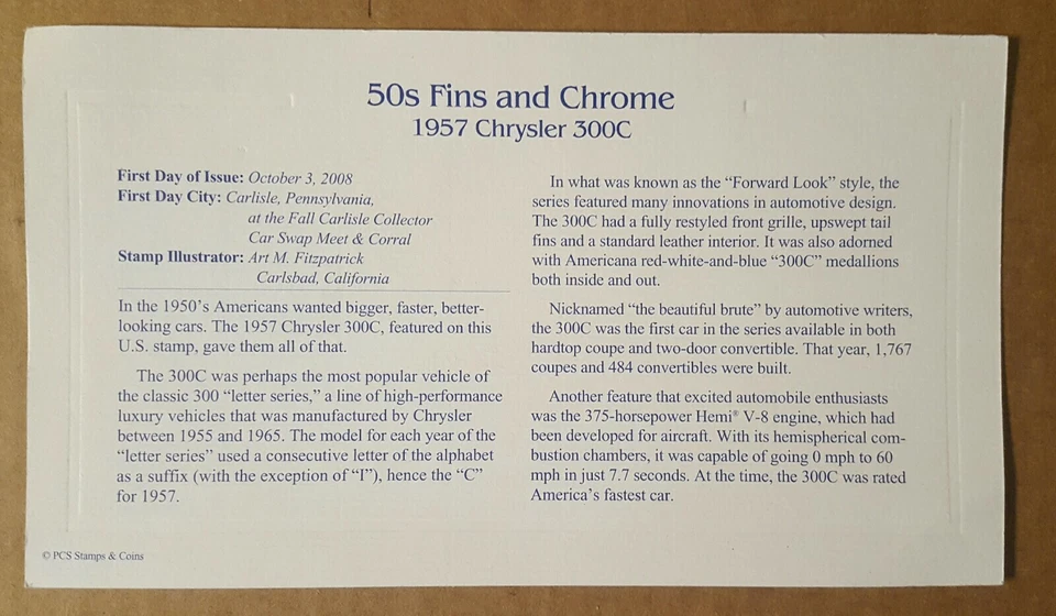 50s Fins and Chrome - 1957 Chrysler 300C - 22K Gold Plated Stamp - 2008 - BEST P - Image 3 of 4