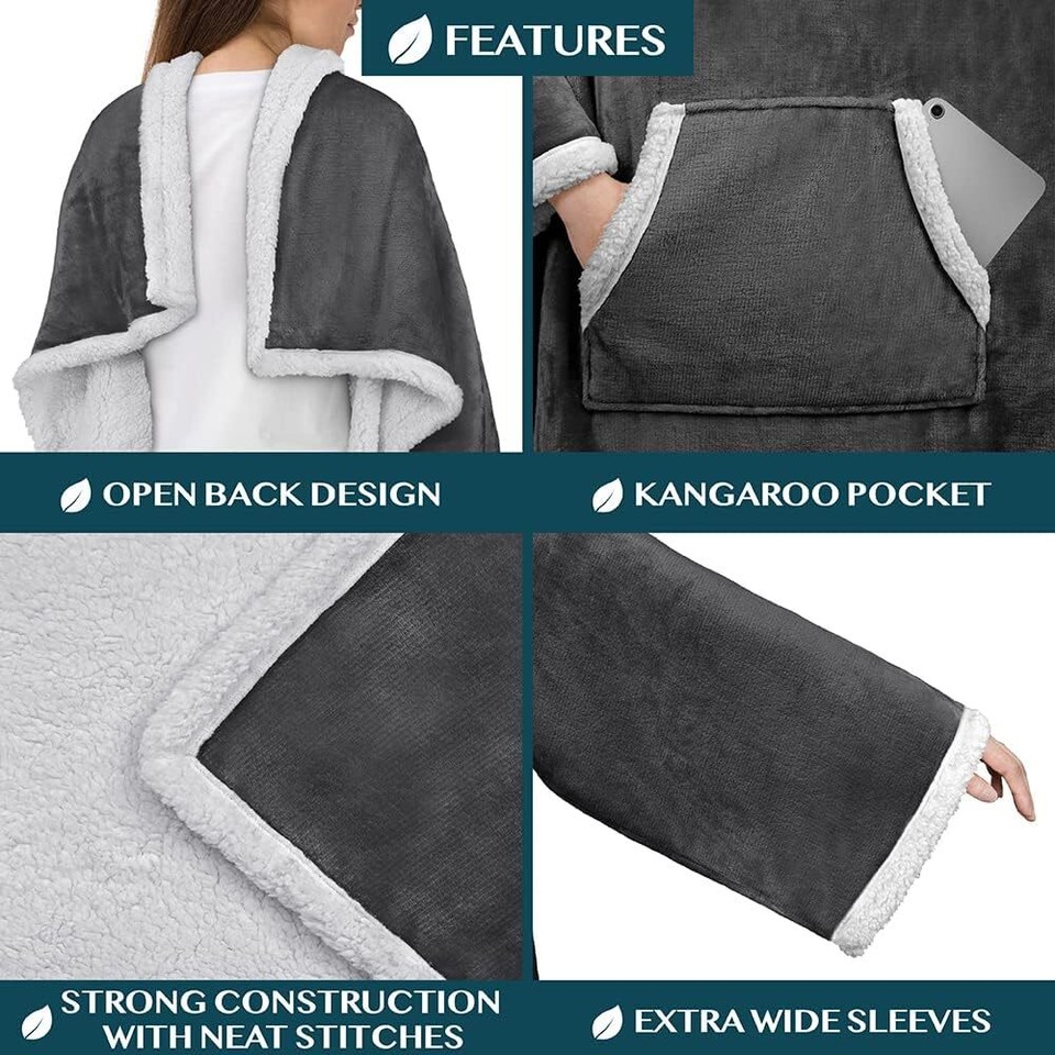 Herpa Wearable Blanket Sleeves, Soft Fleece Throw, Pocket, Adults, Charcoal Grey eBay