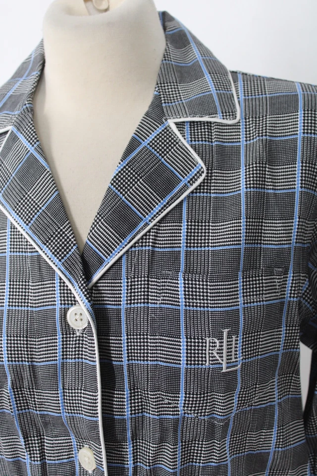 Nuevo con etiquetas Top Pijama Lauren Ralph Lauren MP Negro Azul Cuadros Manga Larga Foto 2 de 4