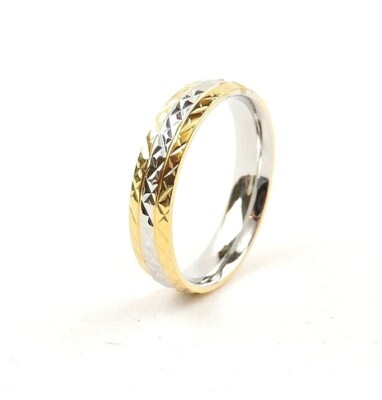 Stainless Steel 2 Tone Silver And Gold Textured Comfort Fit Band Ring