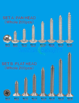 200pcs Stainless Steel Pan Flat Head Self-Tapping Screws M3 304 Assortment Kits