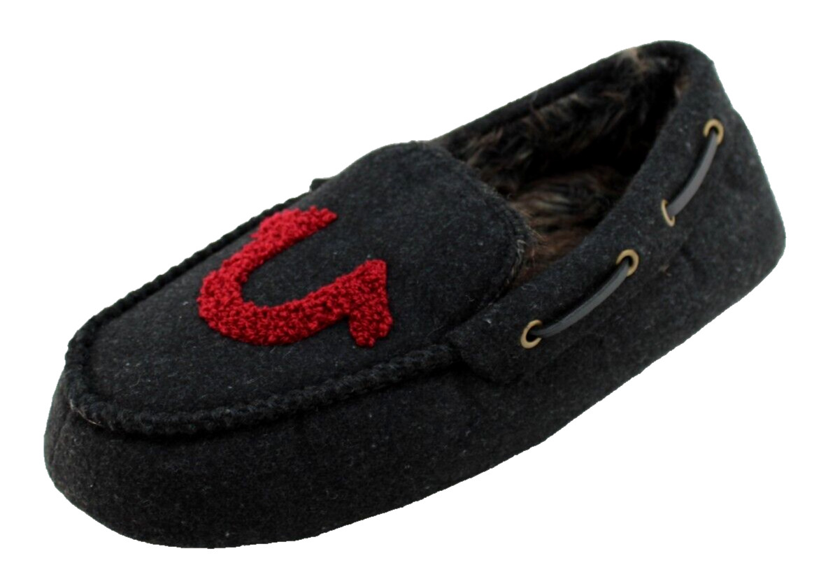 TRUE RELIGION Size 7-8 Black / Red Logo Faux Fur Lined Men's Moccasin Slippers thumbnail 2