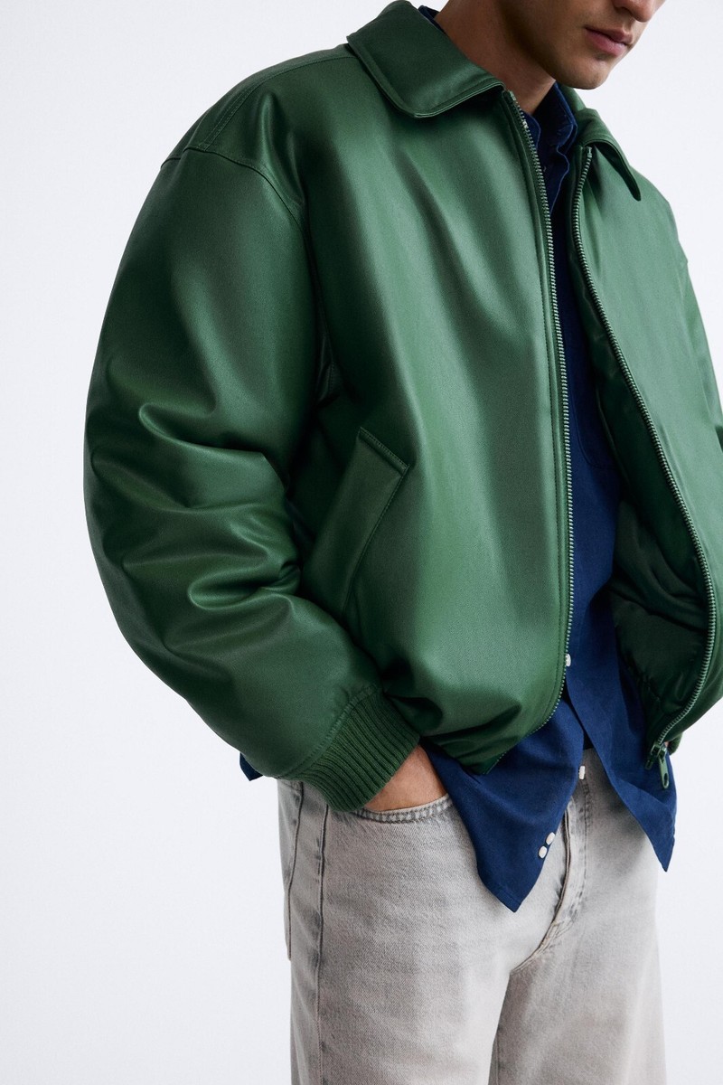 New Zara Padded Faux Leather Bomber Jacket 3046/430 S Green coat