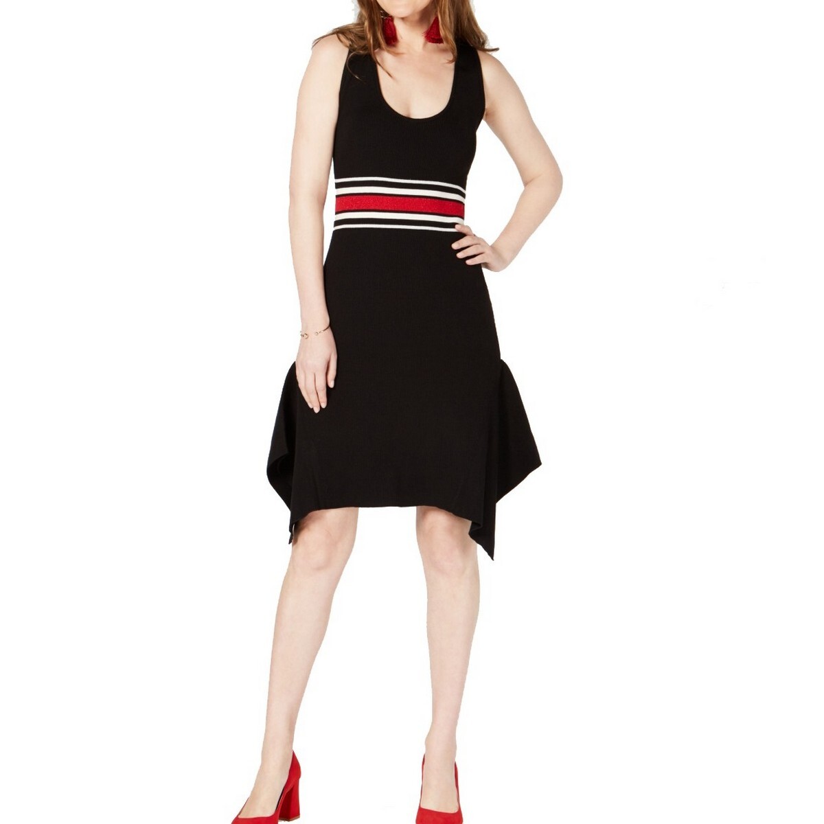 metallic striped sweater dress I-N-C Womens Sleeveless Ribbed Sweater Dress Black