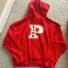 Victoria s Secret PINK Red Embossed Logo IVY Fleece Campus Pullover Hoodie Large