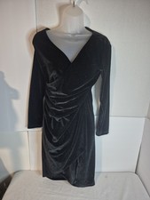 VNTG Womens Medium Black Velvet Feel Wrap Front Chest Dress Evening Gown