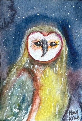 Original Watercolor Painting ACEO 2.5'' x 3.5''  by Mary King - Owl