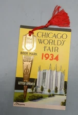 1934 Chicago World’s Fair Expo brass LETTER OPENER BOOKMARK still carded NM