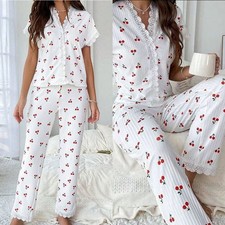 Stylish for 2 Piece Women Pajama Set With Lace Trim For Cherry Print Top And