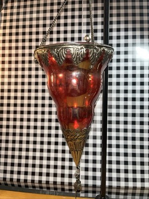 Moroccan Red Crackled Ornate Hanging  Glass Tealight Candle Lantern Holder EUC