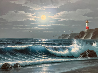 Oil Painting 24x36'' Ocean waves falling under night sky, lighthouse, seagulls 