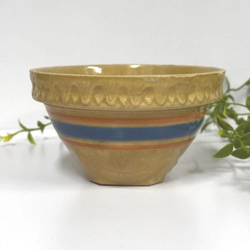 Small Vintage McCoy pottery bowl:  3.25 x 5.5" yellowware blue pink stripe bowl