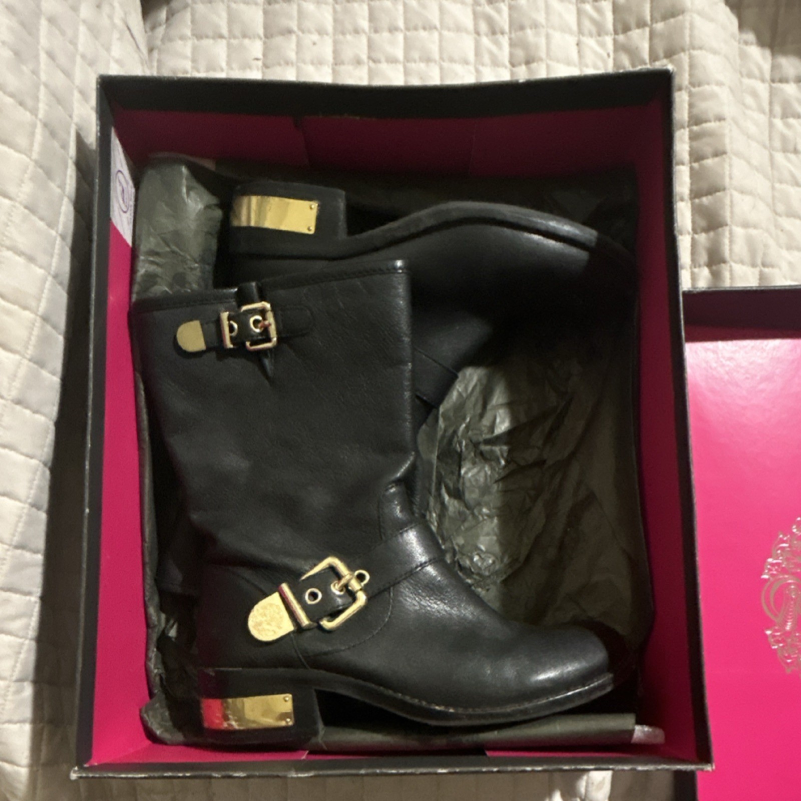 Vince Camuto Women's Black Leather Mid-Calf Biker Boots Gold Buckles Size 7
