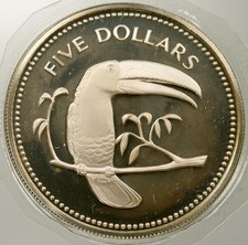 1974 BELIZE .78oz SILVER Proof 5 Dollars Coin Keel-billed toucan BIRD  i121587