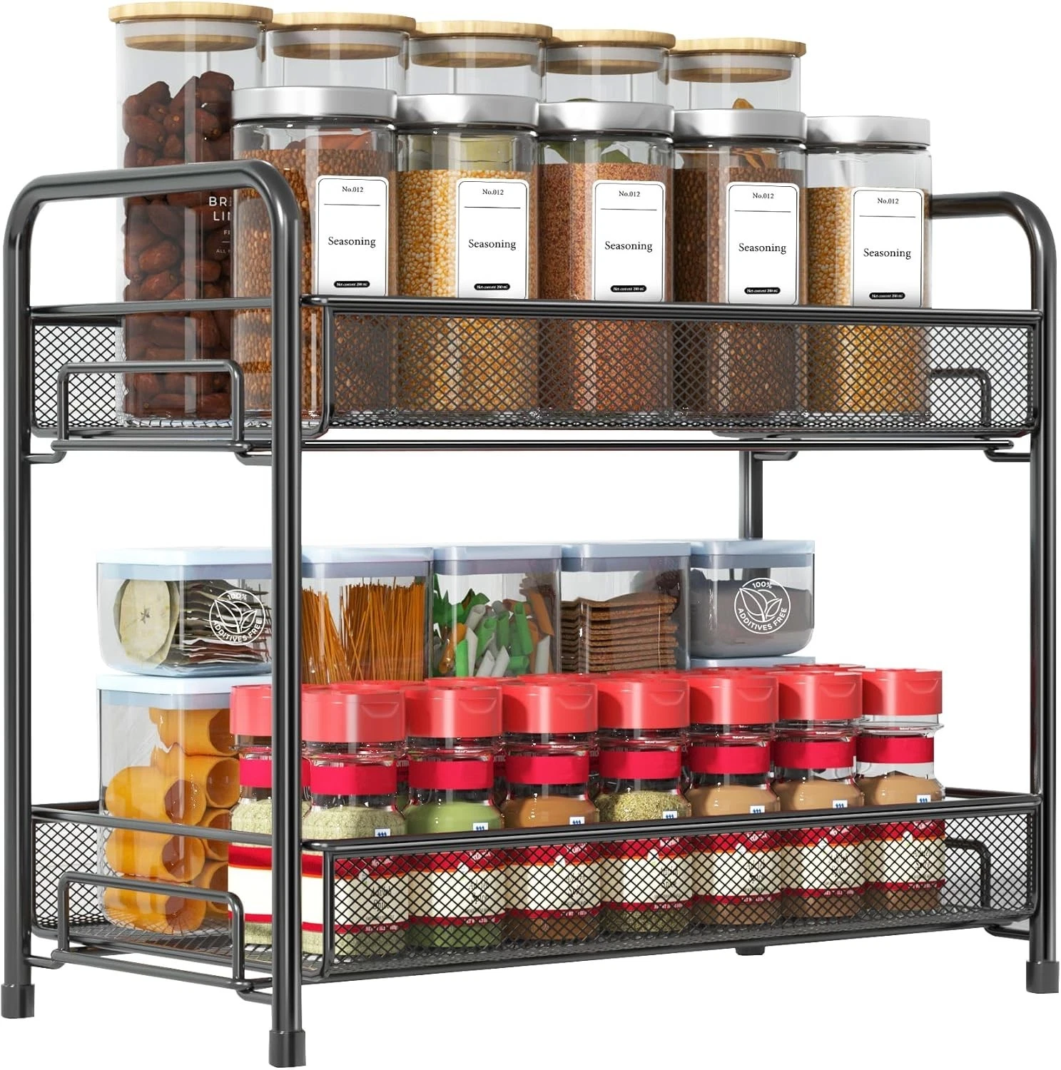 Spice Rack Organizer Countertop, 2-Tier Foldable Metal Rust-Proof Standing Large
