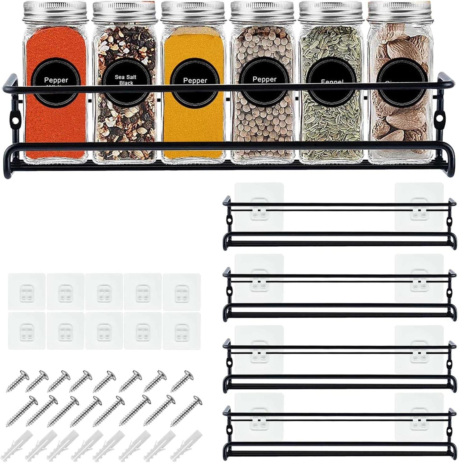 BAORELST 4-Tier Wall Mounted Spice Rack Organizer, Black Adhesive Stainless Stee