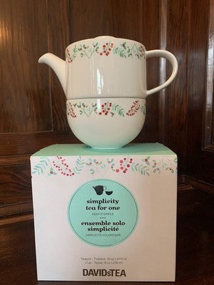 David s Tea Pot and Cup Set Tea For One White with Leaves And Berries Ceramic