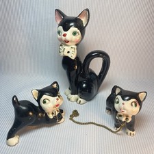 Vintage Ceramic Black and White Cat and 2 Kittens Japan