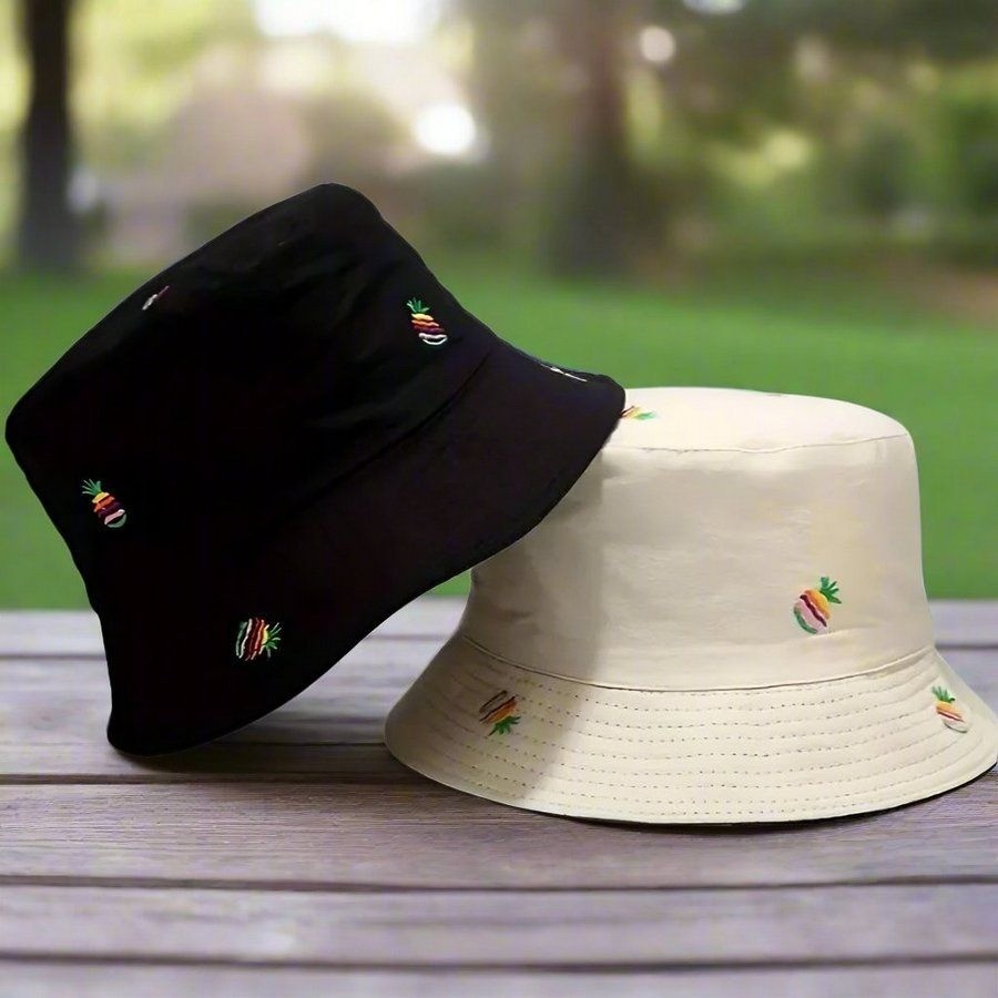 Everlynn Pineapple Embroidered Reversible Bucket Hat Tan Bla