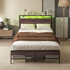 Full Bed Frame with Headboard, LED Lights, Charging Station, Walnut