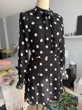 Reformation Black White Polka Dot Chiffon Sheer Bow High Neck Mini Dress Sz 2