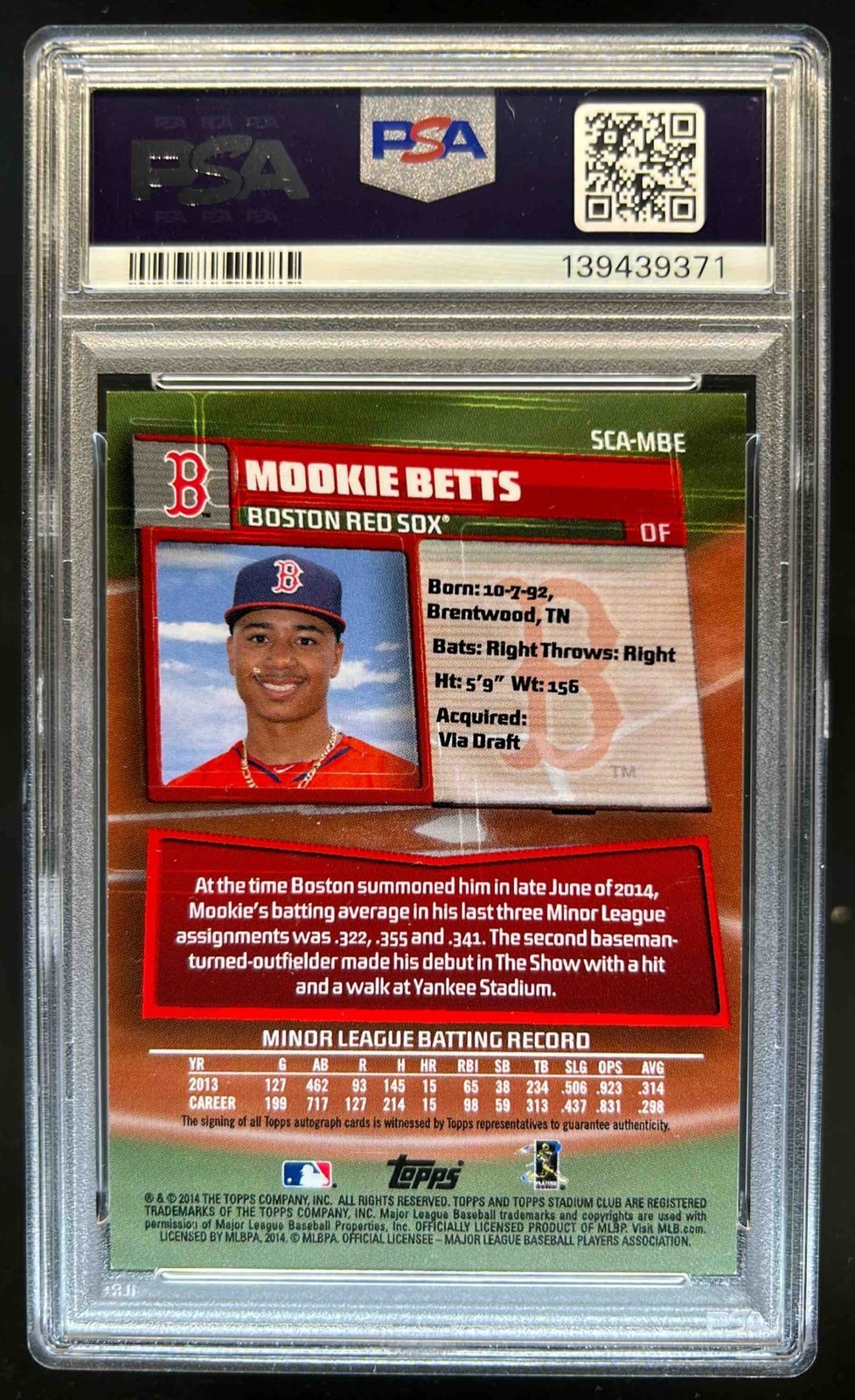 2014 Topps Stadium Club Mookie Betts Auto RC Rookie #SCA-MBE Red Sox PSA 7 view 2