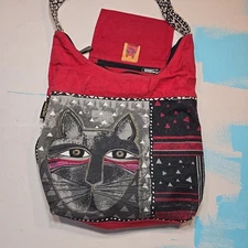 VTG Laurel Burch Cat Tote Bag Black Gray Red Triangle Patchwork Y2K 14x16 Canvas