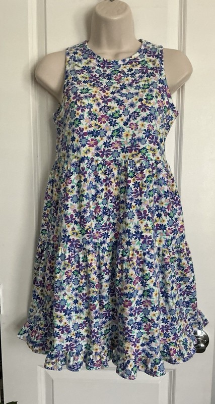 CREWCUTS-Sz.10-GIRL’S Casual Pullover Dress-Blue/Purple Floral-Ruffle Hem