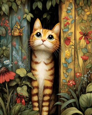 8x10 Cozy Storybook Cat Is Standing in Garden with Flowers Art Print - 759346732