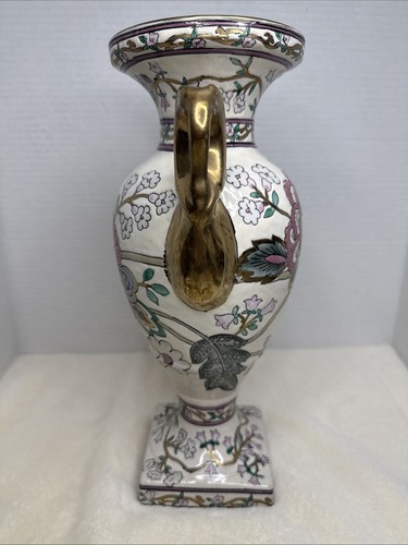 Vintage Cream & Pink Pedestal Gold Swan Handles With Flowers Painting 12” Tall - Picture 2 of 11