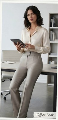 High-waisted,  Beige-pearly Gray trousers with pockets. Size (S)