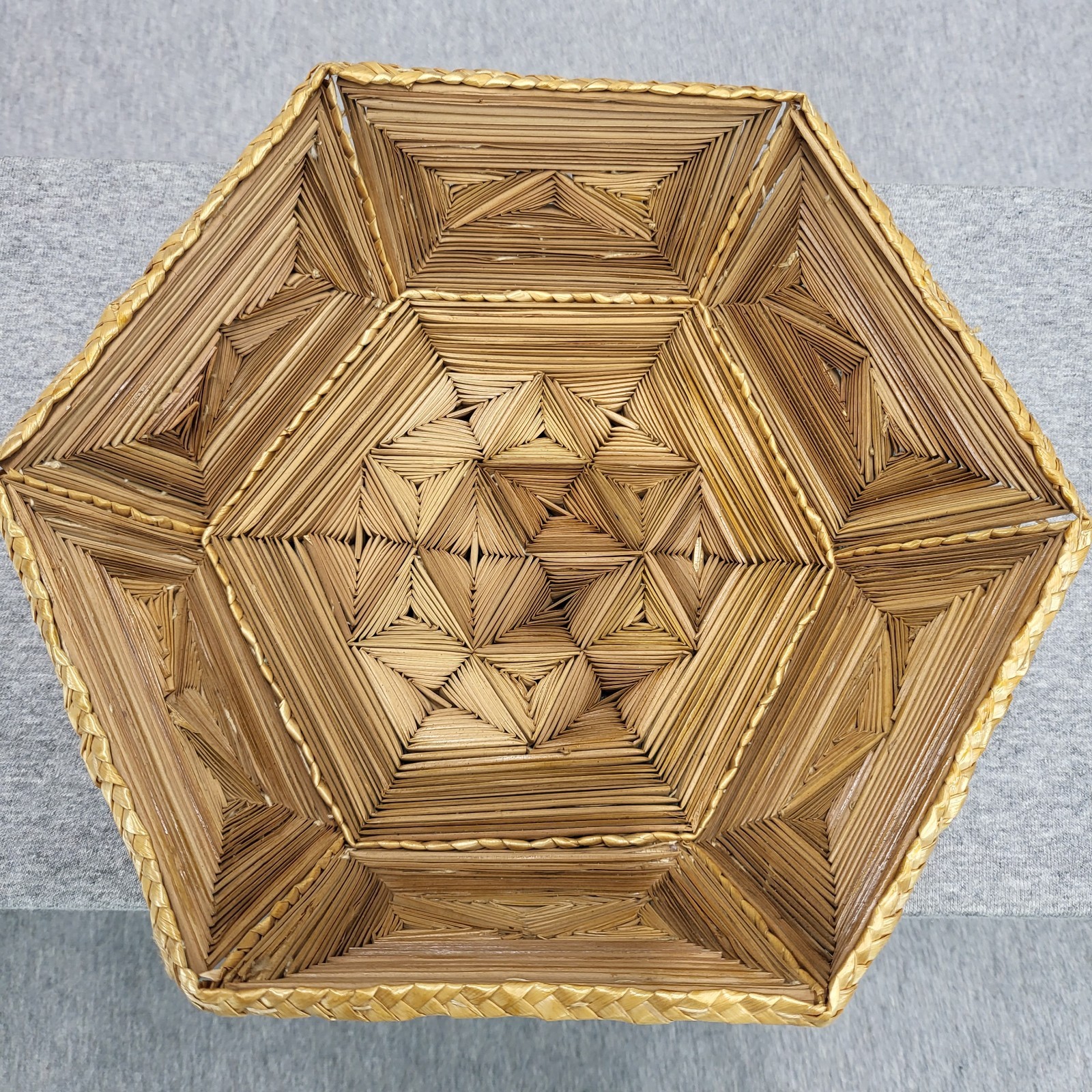 Brown woven wicker rattan hexagonal basket tray, handmade