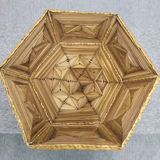 Vintage Brown Woven Wicker Rattan Basket / Tray Hexagonal Handmade 9”W