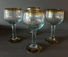 4 Hand Blown Mexican Glass Wine Glasses Goblets Tulip Stemmed Amber 7.5"