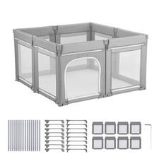Large Foldable Baby Playpen with Zippered Door, Indoor Outdoor Play Yard, Gray