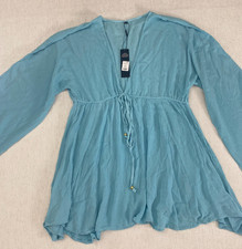 Fashion Nova Swim Cover Up Dress Womens M Blue Sheer Long Sleeve Lightweight NWT