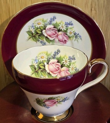 Tea Cup Saucer - Ridgway Royal Adderly  Burgundy Band-White-Gold Trim-Pink Roses