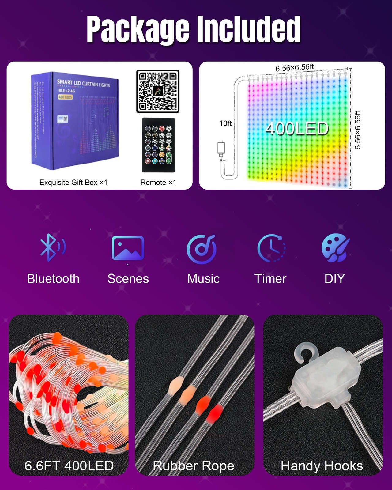 IC ICLOVER 6.6FT 400 LED Smart Color Changing Curtain Lights w/Remote & App