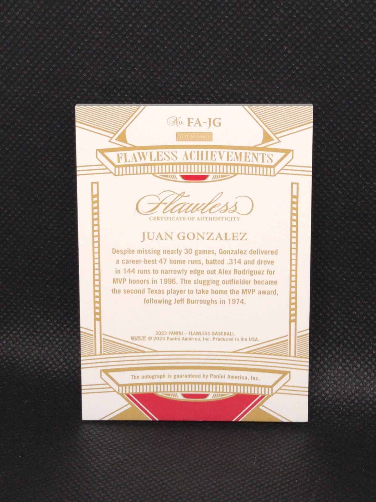 Juan Gonzalez 2023 Panini Flawless Baseball Flawless Achievements Auto /25 view 2