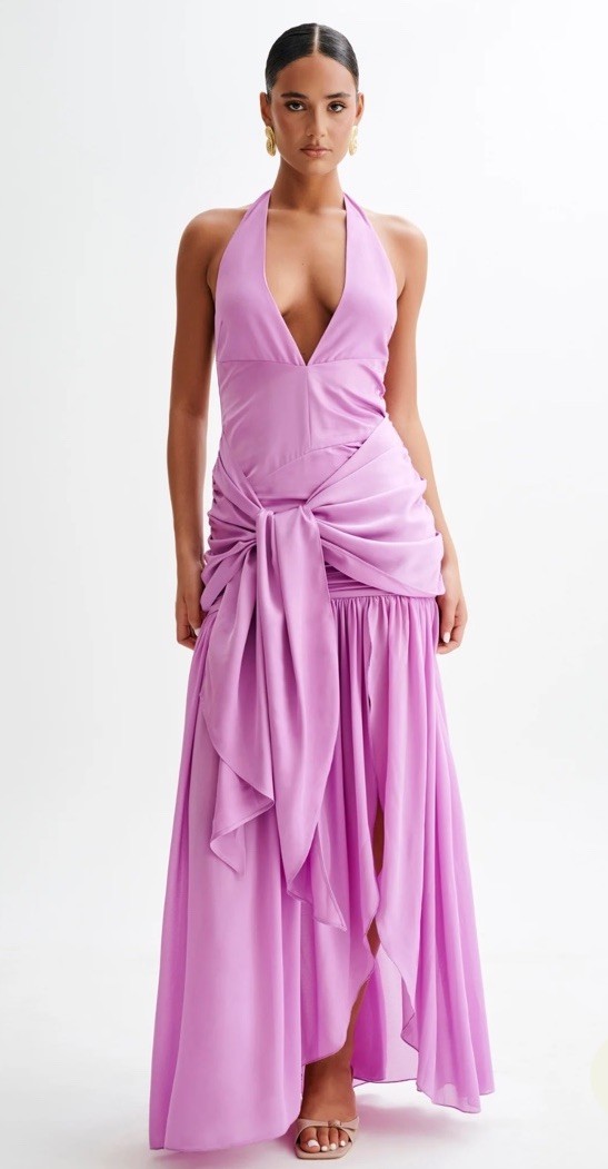 A16 Meshki Graziana Satin Chiffon Plunge Maxi Dress Violet Size XXS- NWT!