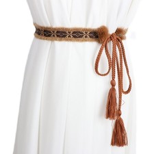 Women Faux Fur Pom Pom Tie Waist Belt Soft Tassel Chain for Dress Coat Accessory