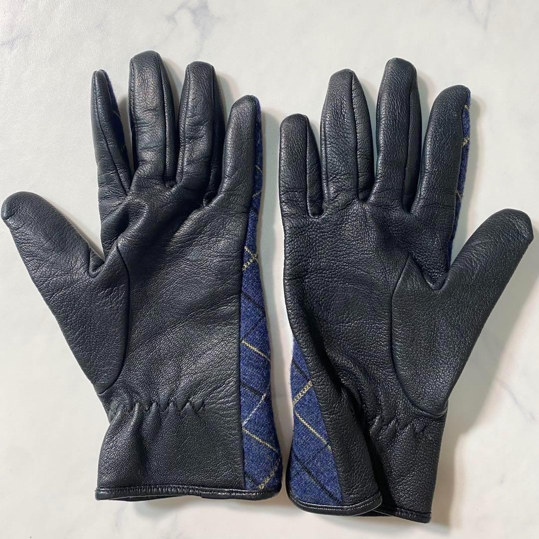 Vivienne Westwood Orb Check Gloves In Leather & Wool Blue In